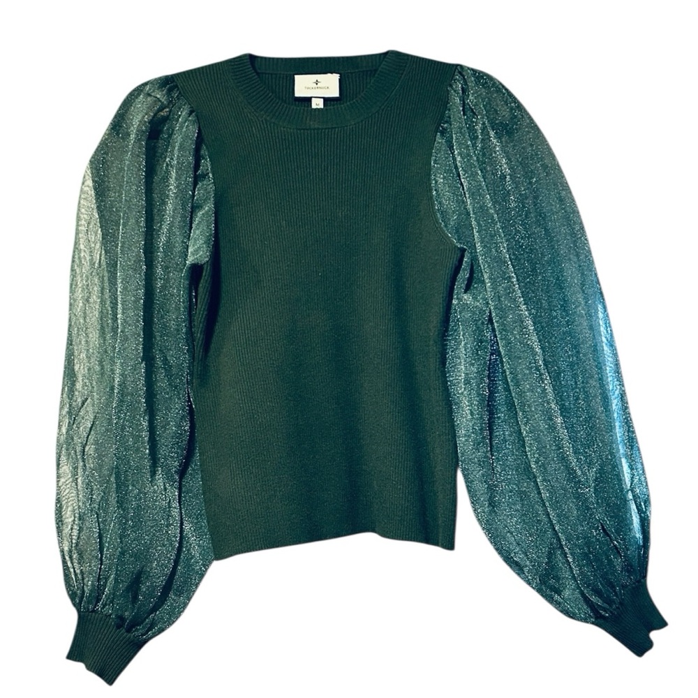Tuckernuck Betsy Blouse –Green Knit with Sheer Balloon Sleeves – Size M - Picture 3 of 10